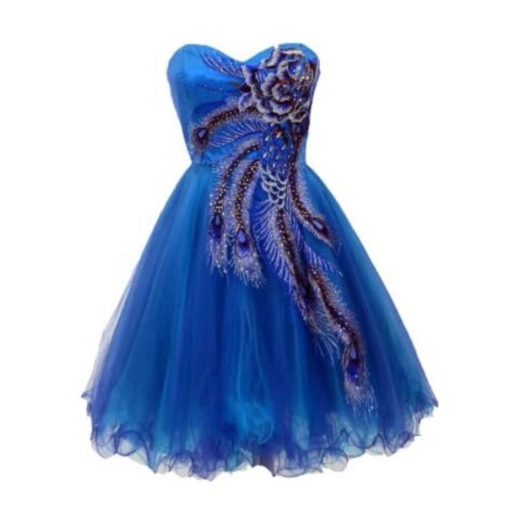 Fiesta blue peacock, short, prom dress. Zips on the side. Size medium